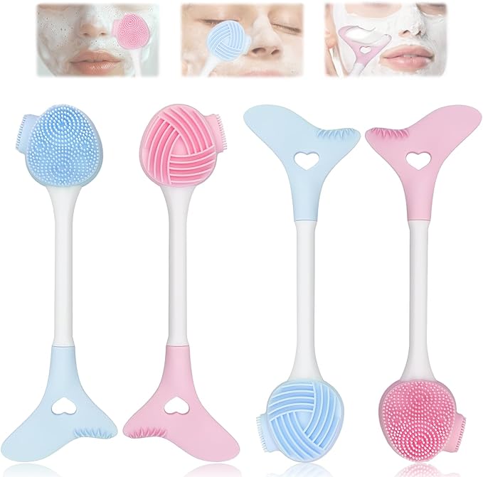 4PCS 2 in 1 Double-Sided Facial Cleansing Brush, Silicone Face Scrubber Exfoliator, Gentle Face Mask Brush, Pore Cleaning Brush for Exfoliating, Removing Blackheads, Makeup Skincare Removal