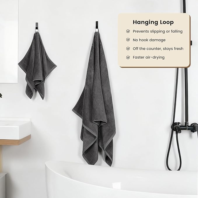 SEMAXE 4 Piece Grey Bath Towel Set for Bathroom, 100% Cotton Bath Towels with Hanging Loop, 55 x 27 Inch, Soft Absorbent & Quick Dry, for Home