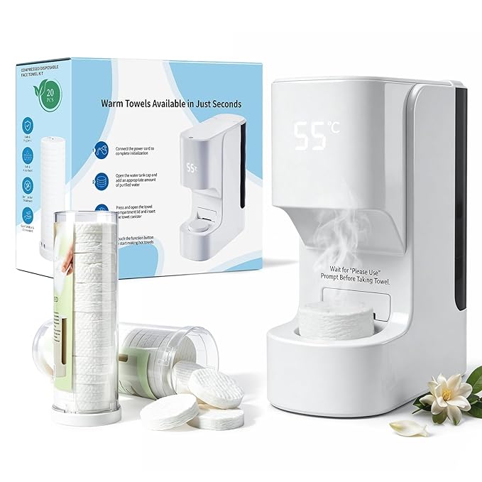 Hot Towel Dispenser, Smart Hot Face Towel Dispenser, 5-Second Rapid Heating, Automatic Heating & Dispensing, 131°F Constant Temperature, Includes 20 Compressed Towels, for Spa Bathroom & Home, White