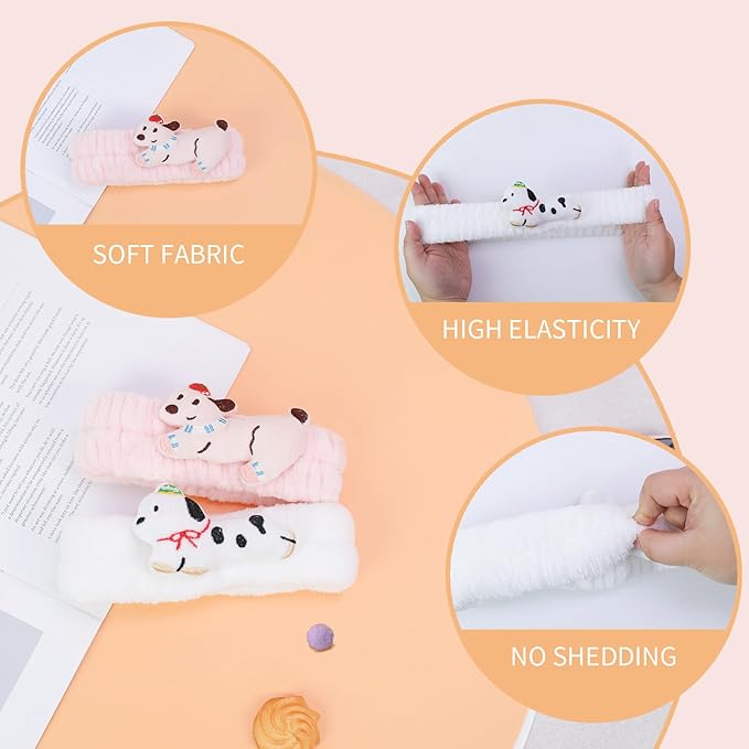 PERFECTSIGHT Kawaii Headband for Spa, Makeup, Washing Face, Party - 2 Pack Cute Hair Band for Shower Beauty Skincare, Soft Facial Headbands for Girls and Women (White+Pink Puppy)
