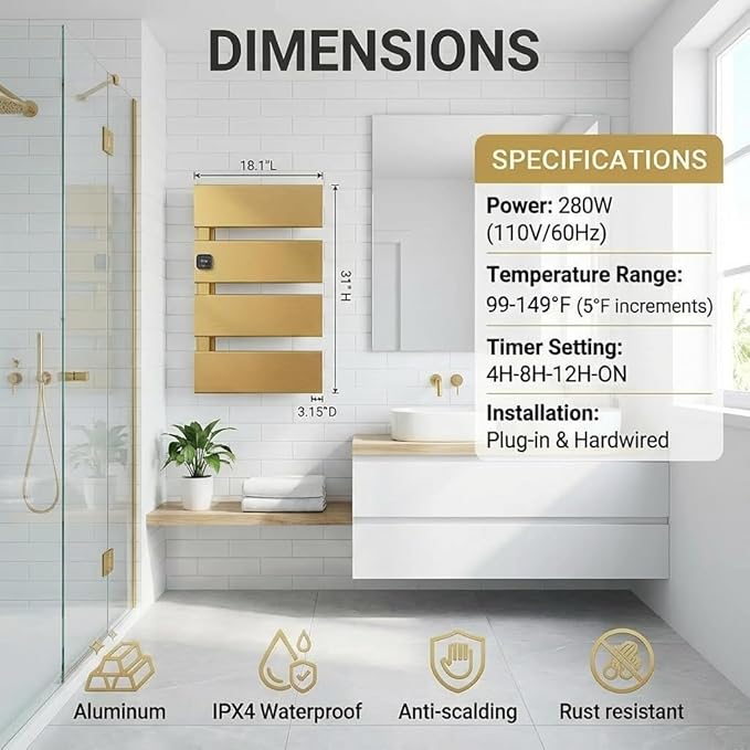 Electric Towel Warmer, Heated Towel Rack with Thermo Control and Timer, Fast Heating Towel Rail for Bathroom with Memroy Function, Work with Smart Plug, Left-Wiring, 4 Panel, Gold