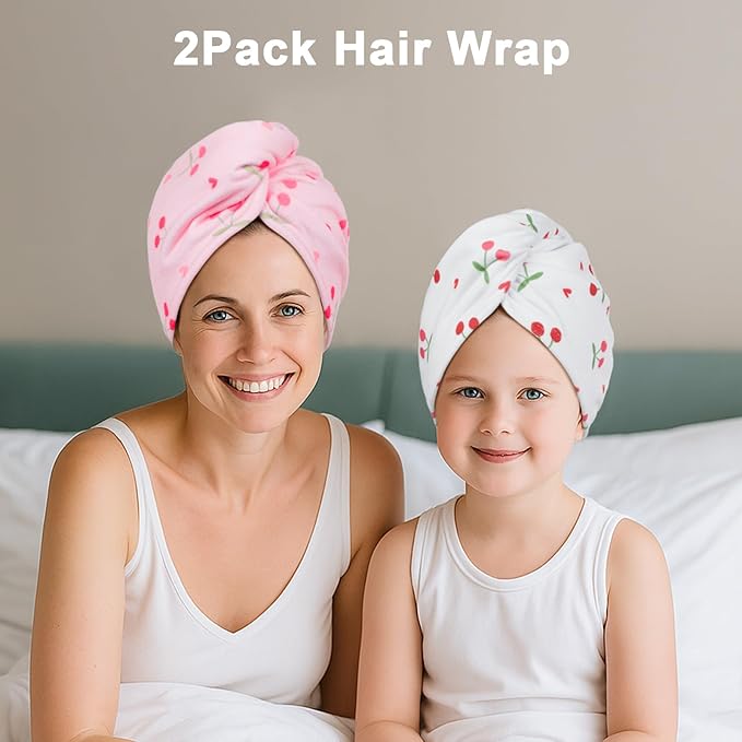 Unicorn Castle Microfiber Hair Towel for Kids 2Pack Hair Wrap Towels Absorbent Hair Drying Towel Wrap Hair Turbans for Curly Thick Hair, Pink White Cherry