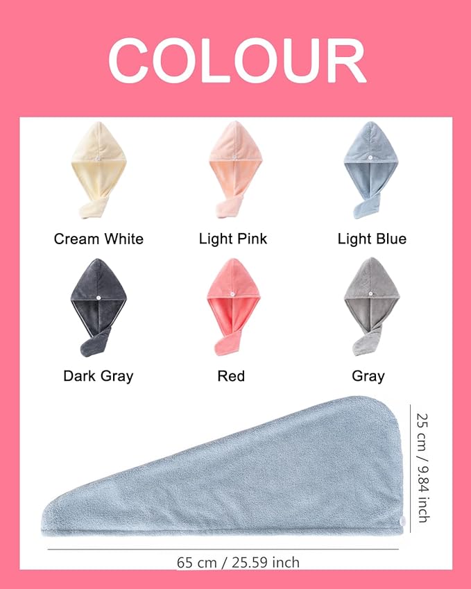 Lumimi Bath Pre Dry Hair Towel 2 Pack - Quick Dry Super Absorbent Lightweight Turban With Button - Drying Wrap for Shower Wellness, Pink Blue