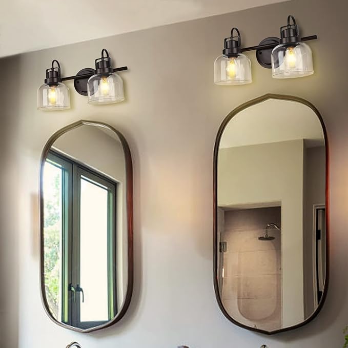 2 Lights Bathroom Vanity Light, Bronze Modern Wall Light Fixtures Over Mirror, Industrial Wall Sconce with Clear Glass Shade, Farmhouse Wall Sconce for Bedroom, Living Room, Hallway(Exclude Bulb)