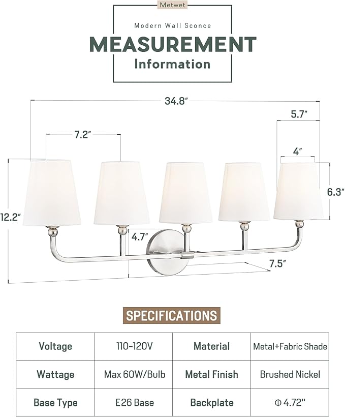 Bathroom Light Fixtures, 5 Light Brushed Nickel Vanity Lights with Flared White Fabric Shade, 35 Inch Wall Sconce, Modern Sconces Wall Lighting for Hallway Bedroom, VL837-BN-5