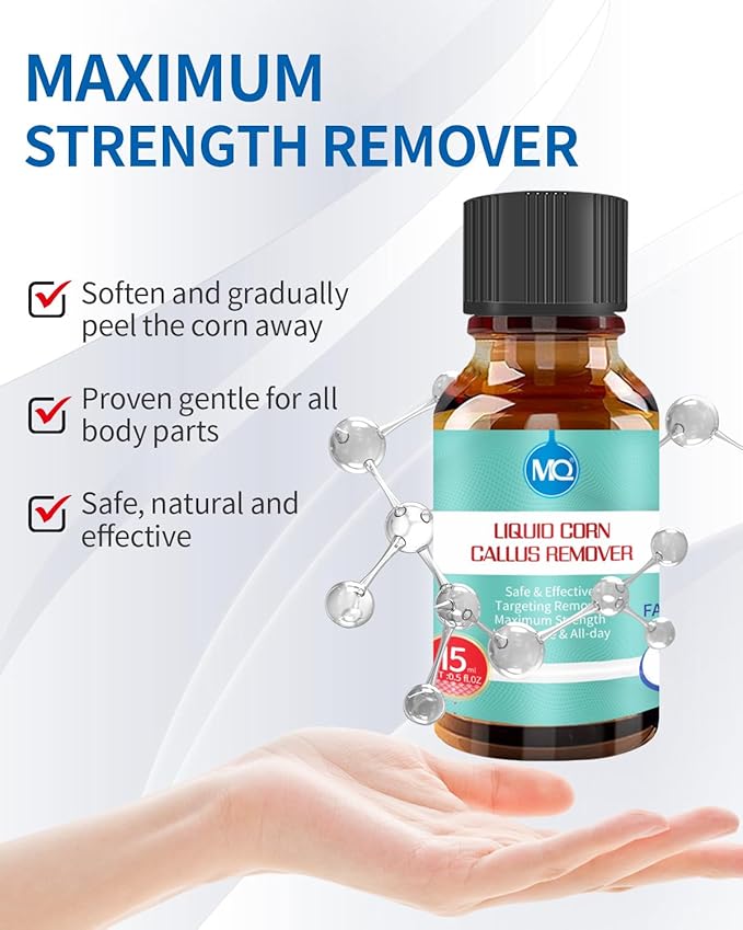 MQ Professional Corn & Callus Remover Liquid for Feet & Toes – Fast Acting for Corn Removal, Hard Skin & Dead Skin – Includes 15ML Solution + 15 Cushions + 10 Swabs – Effective Foot Care Solution