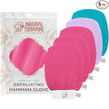 Natural Elephant Exfoliating Hammam Glove - Face and Body Exfoliator Mitt 5 and 10 Packs (3 Pink, 1 Lilac, 1 Teal (Pack of 5))