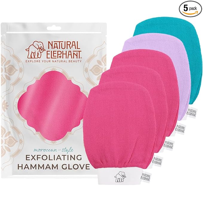 Natural Elephant Exfoliating Hammam Glove - Face and Body Exfoliator Mitt 5 and 10 Packs (3 Pink, 1 Lilac, 1 Teal (Pack of 5))