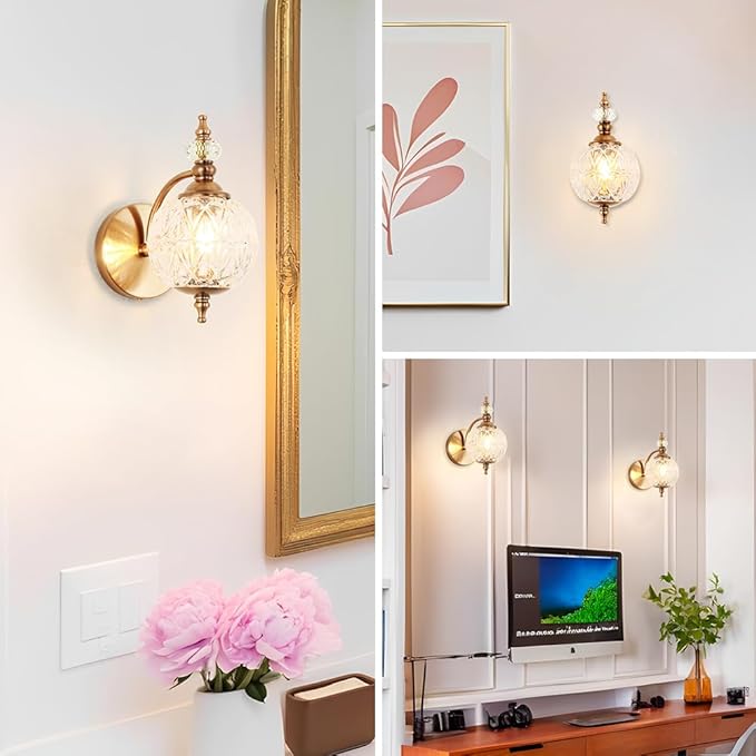 Brushed Antique Brass Bathroom Wall Sconce Vintage Style - G9 Bulb Compatible, Small Hardwired Bathroom Vanity Lighting with Hand-Etched Glass Shades, Easy Mounted for Bedroom Living Room Hallway