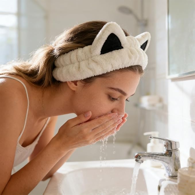 2 Pcs Cat Ears Headband Cute Spa Headband Set Washing Face Makeup Skincare Animal Headbands for Women Trendy Stuff Present Soft Coral Fleece Accessories for Women (1Beige+1Khaki)