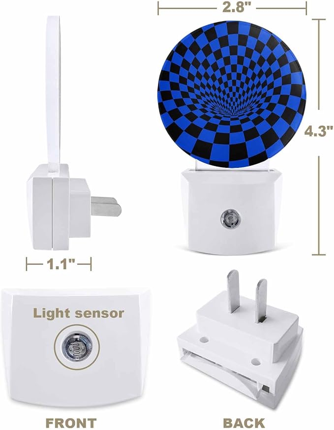 Night Lights Auto Sensor Blue Black Checker Night Light 3D Abstract Mosaic Tiles Round Lamp Plug-in LED Nightlights Dusk to Dawn for Living Room Bedroom Bathroom Hallway Wall Decor