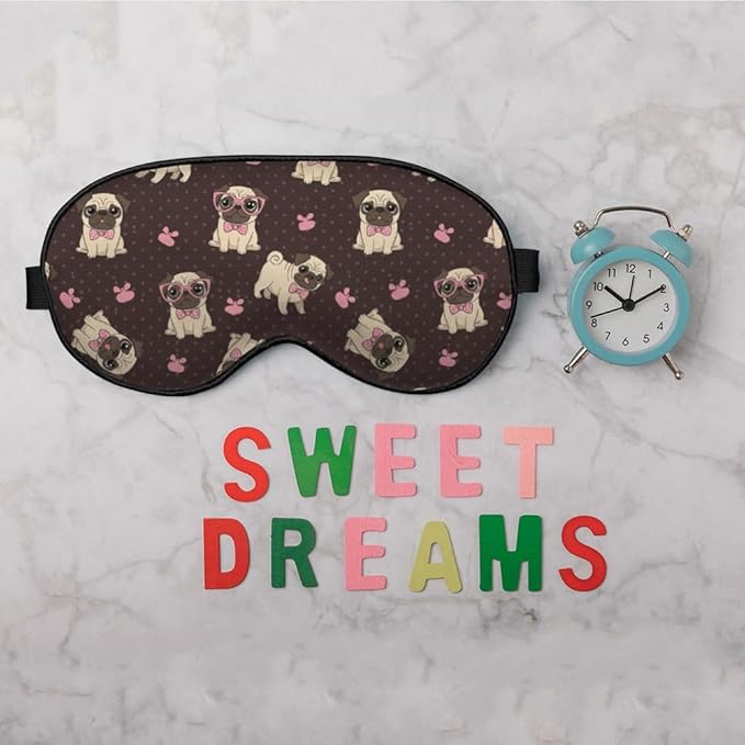 Cartoon Pug Sleep Mask Eye Mask Puppy Bow Tie Glasses Dog Animal Sleep Mask Light Blocking Adjustable Smooth Soft Eye Masks for Women Deep Rest Travel