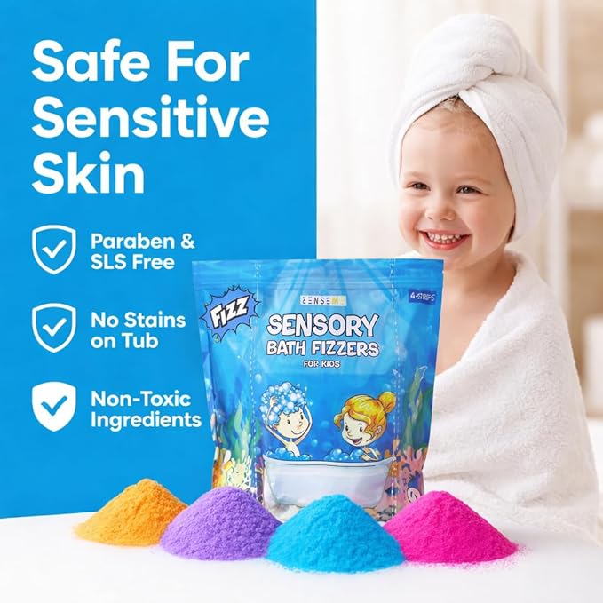 Bubble Bath for Toddlers 1-3 - Colorful Bath Fizzies Powder – 4 Bubble Fizzing Bath Colours - Fun & Educational Bath Gift Set - Crack Sounds & Sensory Fun - Resealable 800g Bag