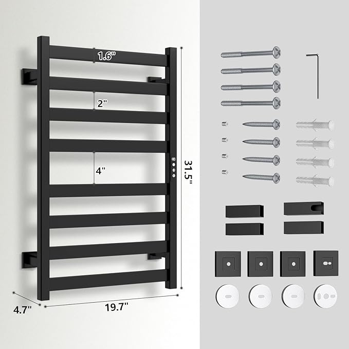Towel Warmer, Towel Heater Rack for Bathroom, 8-bar Electric Towel Dryer Wall-Mounted Plug-in Bath Heater, 201 Stainless Steel Hot Towel Rack with Timer and Smart Temperature Control