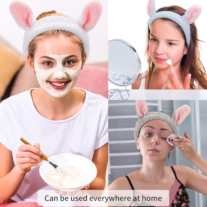 AHONEY Bunny Ears Headband, 4Pcs Skin Care Headbadns Fuzzy Headband for Washing Face Kawaii Makeup Cute Headbands Coral Fleece Elastic Hair Band Easter Bunnies Cosmetic
