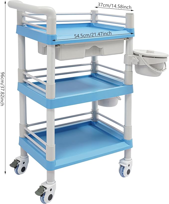 Salon Storage Cart, 3 Tier Rolling Beauty Organizer with 2 Garbage Baskets & 1 Drawer, 80kg/176.37lbs Capacity, Movable Storage Trolley for Beauty Salon SPA (Blue)