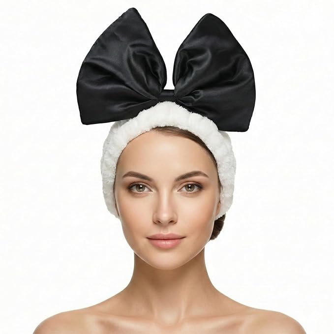 JIAHANG Large Bow Facial Spa Headband, Skincare Making Up Satin Bow Hairband for Women Girls