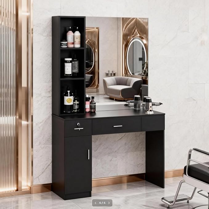 OmySalon Salon Station with Mirror, Locking Barber Station for Hair Stylist, Wall Mount Cabinet with Hair Dryer Holders & Open Shelves, for Barbershop Beauty Spa, Black