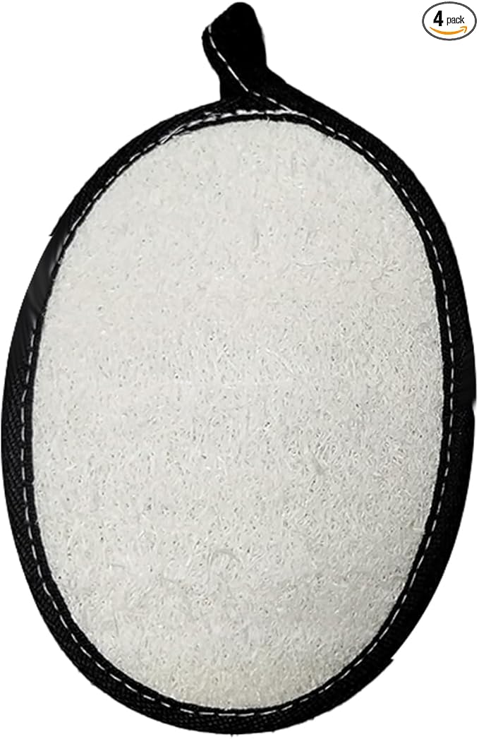 SAMEBUTECO 4 Pack Natural Loofah Body Scrubber-Exfoliating Bath Loofah Set with Black Edging and Hanging Loops for Men and Women,Ideal for Pore Cleansing,Shower,Skin Smoothing
