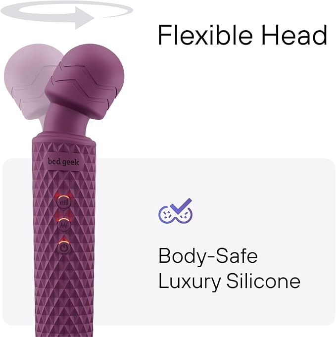 bed geek Handheld Cordless Personal Wand Massager – Waterproof, USB Rechargeable, 20 Vibration Patterns, 8 Speeds, Memory Feature, Skin-Soft Silicone for Ultimate Relaxation Tool