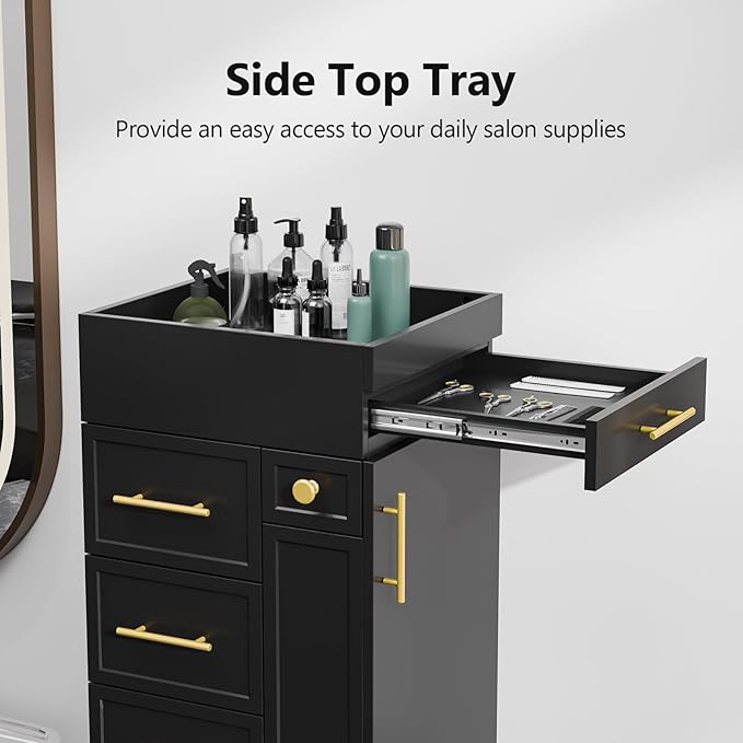 OmySalon Salon Trolley Cart, Hair Styling Station with 5 Drawers, 3 Tool Holders & Adjustable Shelf, Mobile Storage Cabinet Utility Trolley for Barber, Beauty Spa, Home (Black)