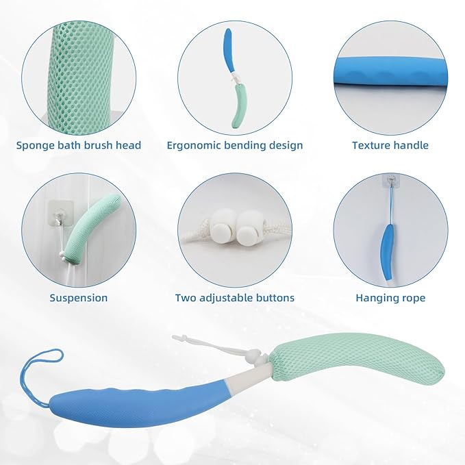 Back Scrubber for Shower，Mesh Sponge Body Shower Brush with Long Handle for Use in Shower Back Scrubber,Back Scrub for Exfoliating Body Scrubber or Shower Brush (Green and Green)