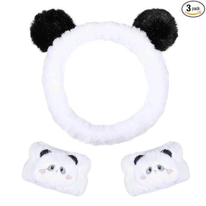 Pom Pom Panda Ears Plush Wash Face Headband Spa Wrist Band Cuffs Hair Scrunchy Women Girls Facial Makeup Skincare Bath Head Wrap Kids Costume Party Supply Birthday Gift