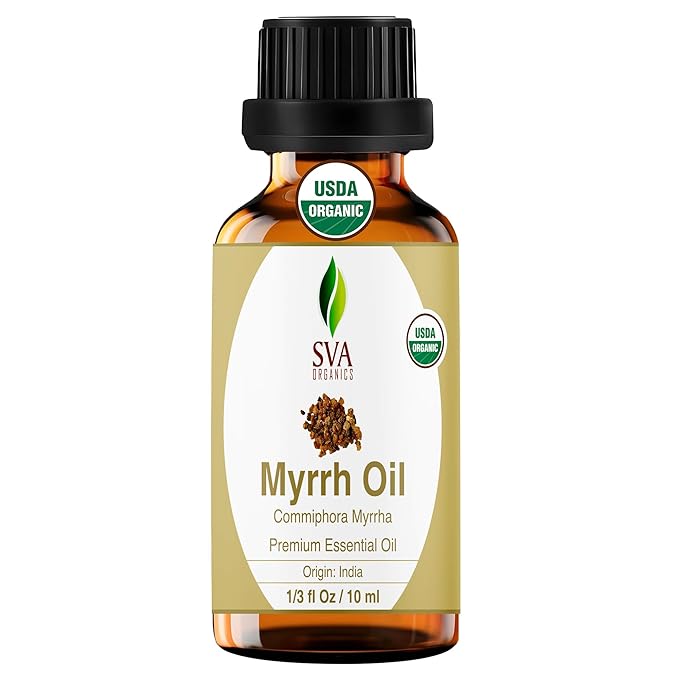 SVA Myrrh Essential Oil Organic – 1/3 Fl Oz – 100% Natural Organic Myrrh Oil - for Diffuser, Hair Care, Face, Skin Care, Aromatherapy, Scalp and Body Massage, Soap and Candle Making
