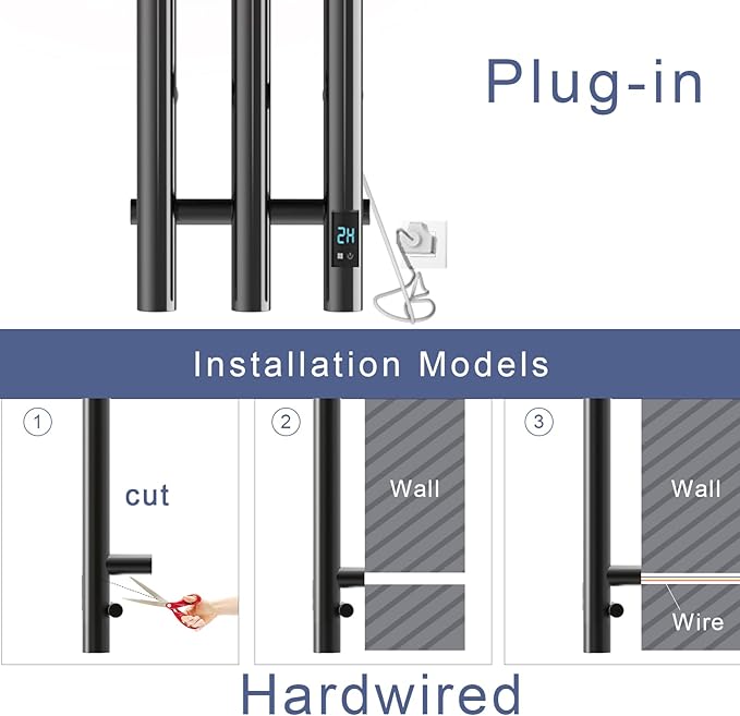 Electric Heated Towel Rack with Timer, Wall-Mounted Towel Warmer, 3 Vertical Bars, Plug-in or Hardwired, 37.4 Inch Height, Round Design (Black)