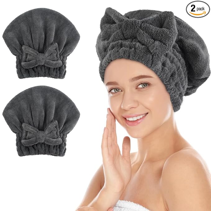 SUNLAND Large Microfiber Hair Drying Caps with Bow knot Fast Drying Shower Cap Soft and Absorbent hairWrap Hair Turban Bath Caps for Curly Thick and wet Hair 11 X 13.4 inch 2 Pack Dgrey