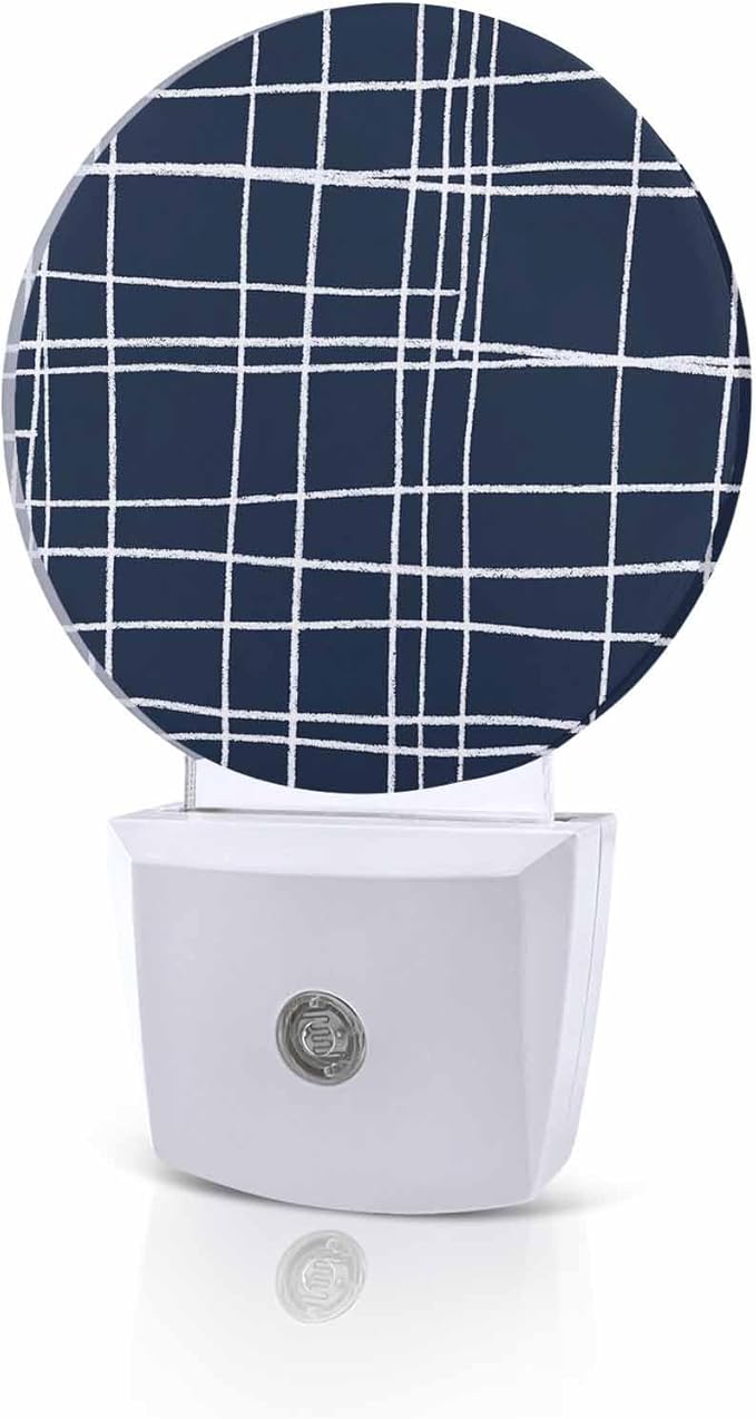 Night Lights Auto Sensor Navy Blue Checked Plaid Night Light Minimalist Grid Lines Round Lamp Plug-in LED Nightlights Dusk to Dawn for Living Room Bedroom Bathroom Hallway Wall Decor