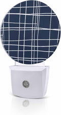Night Lights Auto Sensor Navy Blue Checked Plaid Night Light Minimalist Grid Lines Round Lamp Plug-in LED Nightlights Dusk to Dawn for Living Room Bedroom Bathroom Hallway Wall Decor