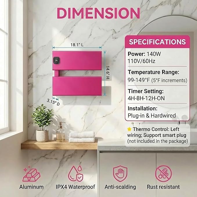 Electric Towel Warmer, Heated Towel Rack with Thermo Control and Timer, Fast Heating Towel Rail for Bathroom with Memroy Function, Work with Smart Plug, Left-Wiring, 2 Panel, Pink
