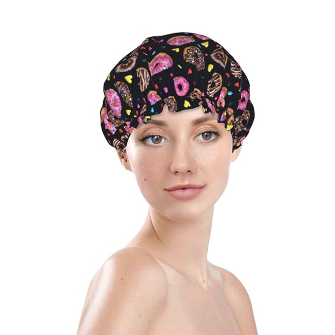 Doughnut Donuts Shower Cap For Women Reusable Waterproof Double Layers Bath Cap Hair Protection Elastic Ladies Spa Salon Shower Hat