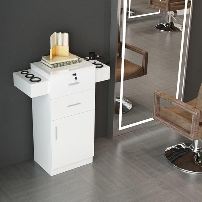 Modern Styling Station for Hair Stylist,Wooden Hair Salon Station Storage Cabinet,Beauty Salon Storage Equipment,Beauty Spa Tool Organizer,with Drawers,for Barber Shop, Home, Bathroom (White)