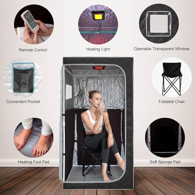 Smartmak Portable Infrared Sauna Box with 660nm Red Light Therapy Lamp for Home, Personal Indoor Full Body Dry Sauna Spa Tent, Relax Saunas with 6 Heaters, Heated Foot Pad, Remote, Chair, Greyborder