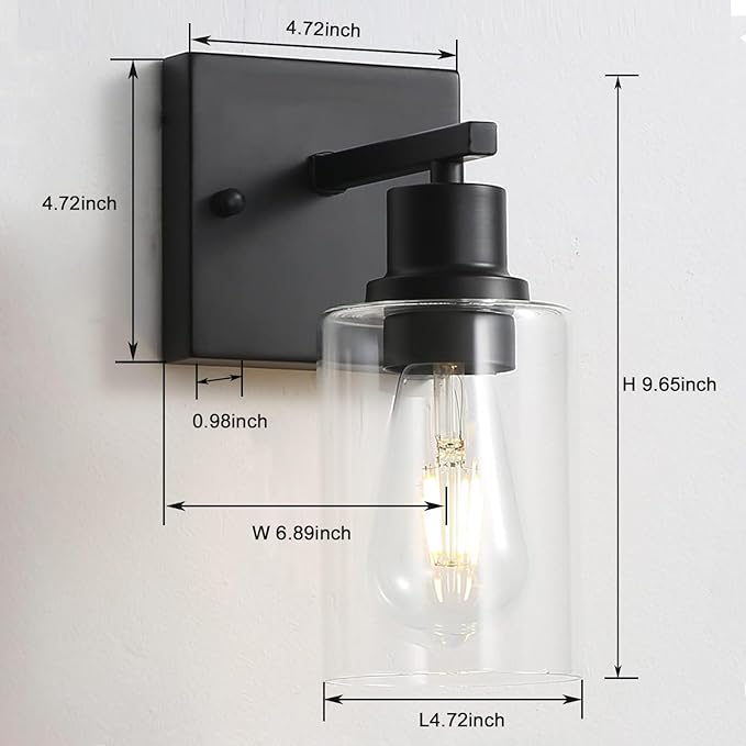 Bathroom Vanity Light Fixtures, 1-Light Matte Black Bathroom Lights, Wall Sconces with Clear Glass Shade for Hallway Farmhouse Bedroom Living Room
