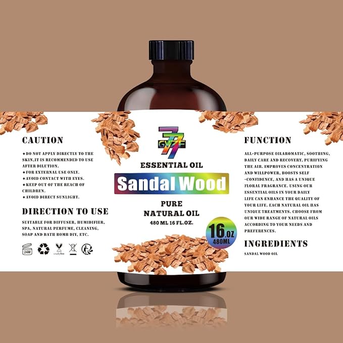 Sandalwood Essential Oil - GV77ZF Sandalwood Oils for Diffusers, Humidifiers, DIY Candles, Soap, Cleaning, Home, Office, Yoga, Massage, Gifts - 16 fl oz (480 ml)