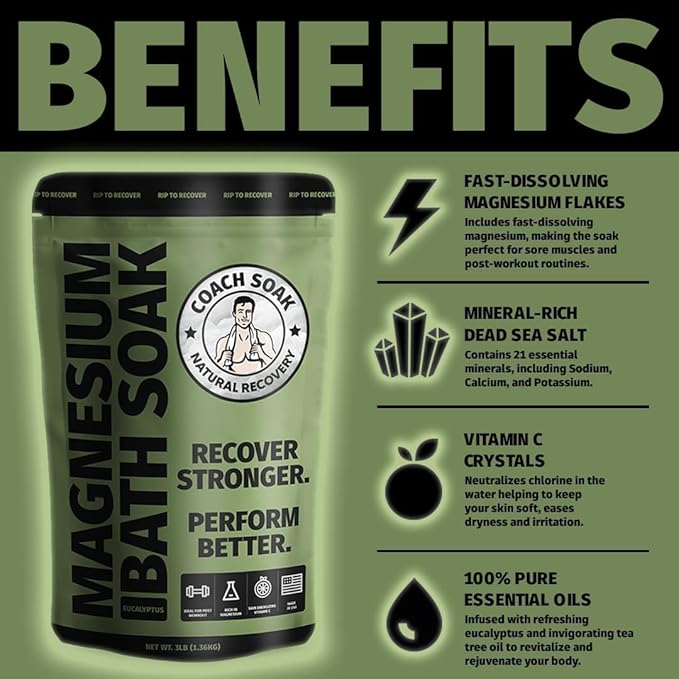 Coach Soak Recovery Bath Soak & Magnesium Cream - Bath Salt (3 lb) & Magnesium Lotion (3.4 oz) - Natural Recovery Cream & Fast-Absorbing Pure Flakes for Relaxing Muscle Support, Eucalyptus