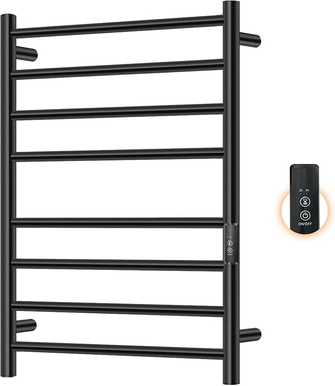 Towel Warmers for Bathroom, Electric Heated Towel Rack Wall Mounted, Hot Storage Rack with Built-in Timer, Stainless Steel, 8 Bars, Plug-in, Fast Heating, Black
