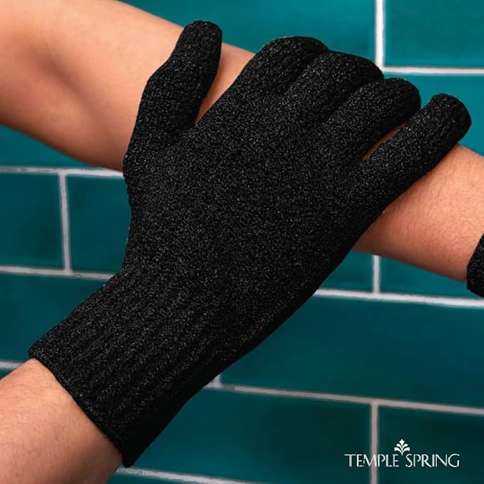 Temple Spring Exfoliating Gloves for Men & Larger Hands – Extra Large XL Textured Rayon Bamboo Shower Gloves with Thicker Weave for Deep Cleansing, Dead Skin Removal & Smooth Skin (1 Pair, Black)
