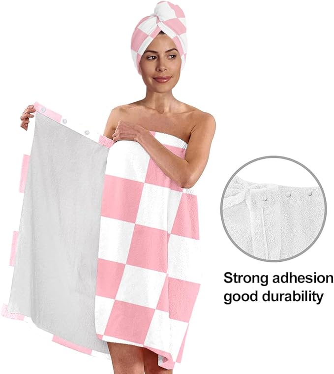 Checkered Bath Wrap Set with Hair Turban, Spa Towel Wrap, Towel Robe for Women