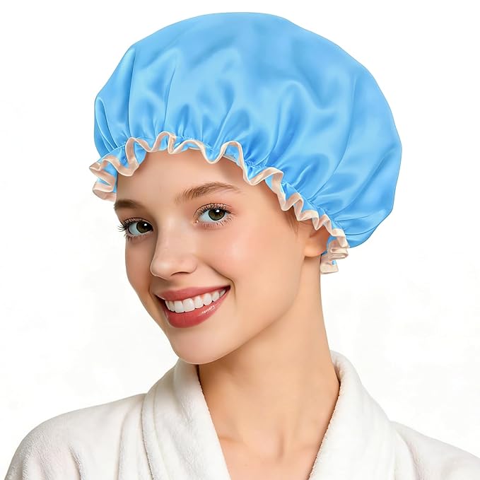 Waterproof Shower Caps for Women, Solid Color Dual-Layer Elastic Band Design Bath Hair Hat, Protects Hair In Shower, Spa, Cooking, Clean & Travel (Blue)
