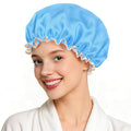 Waterproof Shower Caps for Women, Solid Color Dual-Layer Elastic Band Design Bath Hair Hat, Protects Hair In Shower, Spa, Cooking, Clean & Travel (Blue)