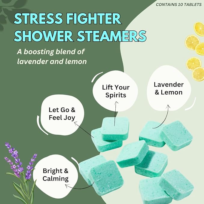 Stress Fighter Shower Steamers Aromatherapy for Relaxing - USA Made Mothers Day Gift for Mom - Lavender & Lemon Shower Bomb Tablets – Soothing Natural Essential Oils (10 Pack)
