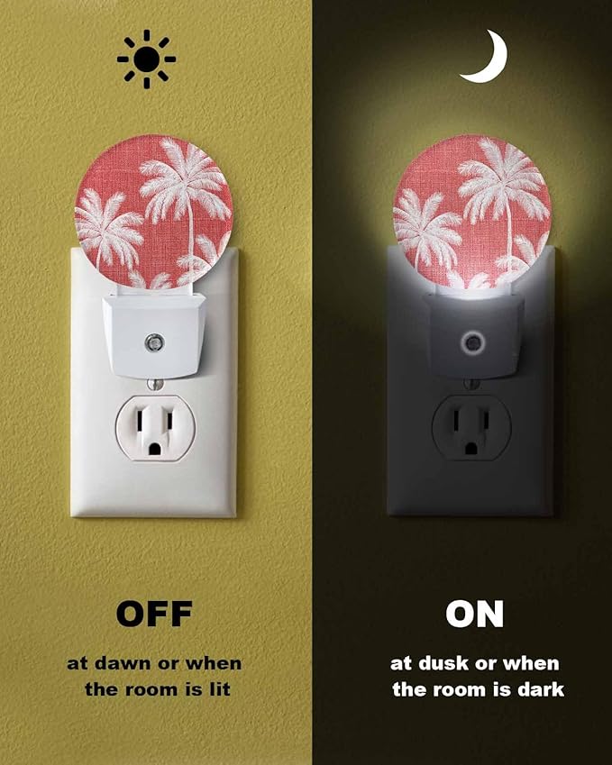 Night Lights Auto Sensor Tropical Palm Trees Night Light Coral Linen Coastal Round Lamp Plug-in LED Nightlights Dusk to Dawn for Living Room Bedroom Bathroom Hallway Wall Decor