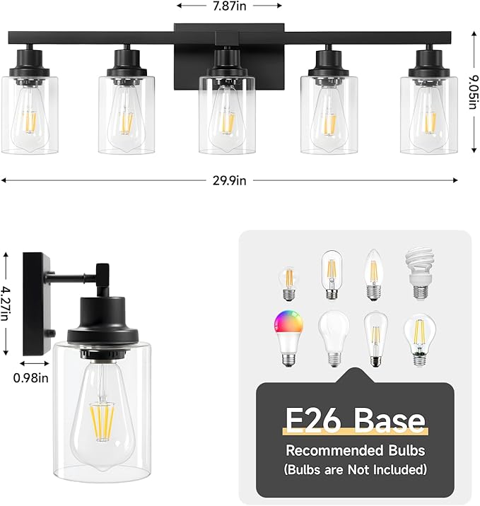 5-Light Black Bathroom Vanity Light, Modern Vanity Lighting Fixture for Bathroom, 31" Matte Light Fixture, Wall Sconces with Clear Glass Shade, Black Bathroom Wall Light Over Mirror