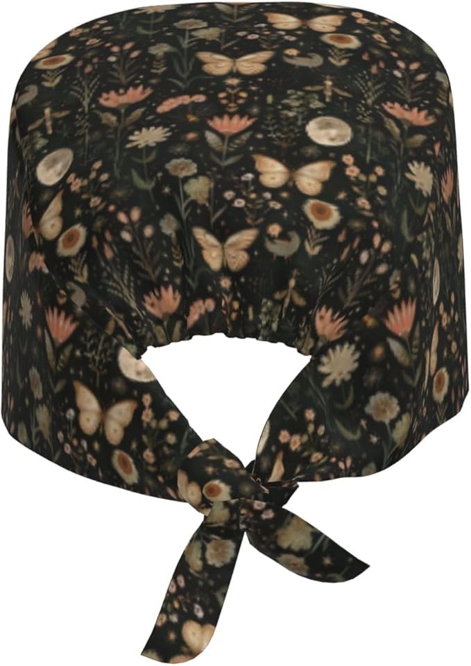 Scrub Cap for Women and Men Boho Black Leaf Pattern Adjustable Breathable Sweatband Hat for Work Kitchen Spa Shower Daily Use