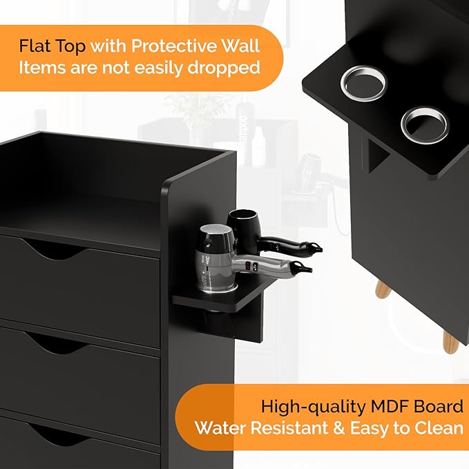 OmySalon 4 -Layer Salon Storage Cabinet,Beauty Barber Salon Styling Station Organizer Equipment,Hair Stylist Station Set with 2 Hair Dryer Holders，4 Drawers and Raised Table Legs, Black
