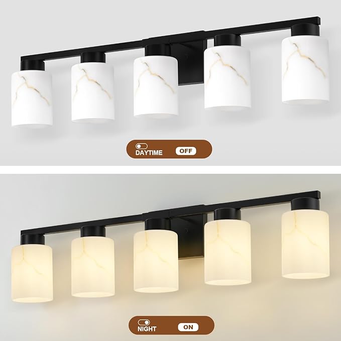 5-Light Bathroom Light Fixtures, Modern Vanity Lights, Black Metal Wall Lamp with White Marble Glass for Bathroom, Mirror, Living Room, Bedroom, Cabinet, Porch, Hallway, E26 Base